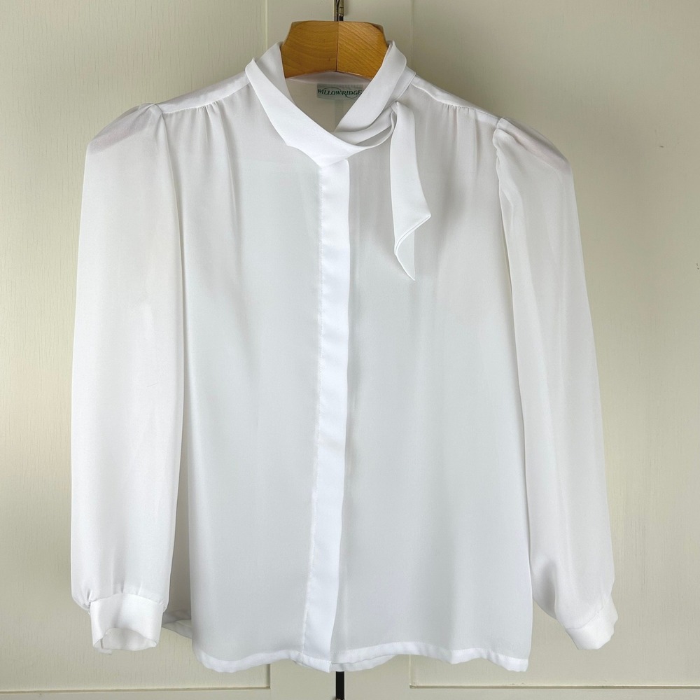 Vintage Willow Ridge White Tie Neck Blouse Secretary Sheer Long Sleeve Retro